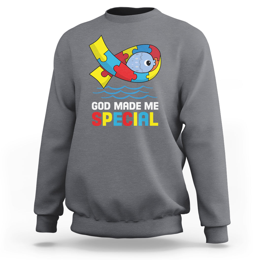Autism Awareness Sweatshirt God Made Me Special Cute Fish Puzzle Ribbon - Wonder Print Shop