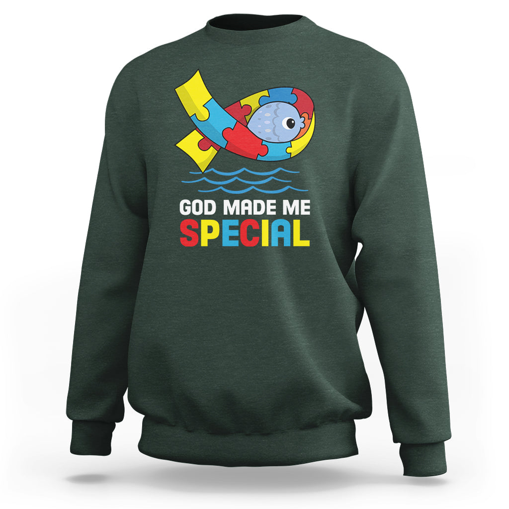 Autism Awareness Sweatshirt God Made Me Special Cute Fish Puzzle Ribbon - Wonder Print Shop