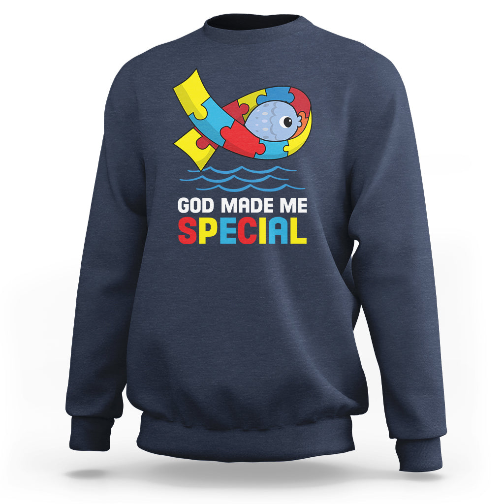 Autism Awareness Sweatshirt God Made Me Special Cute Fish Puzzle Ribbon - Wonder Print Shop