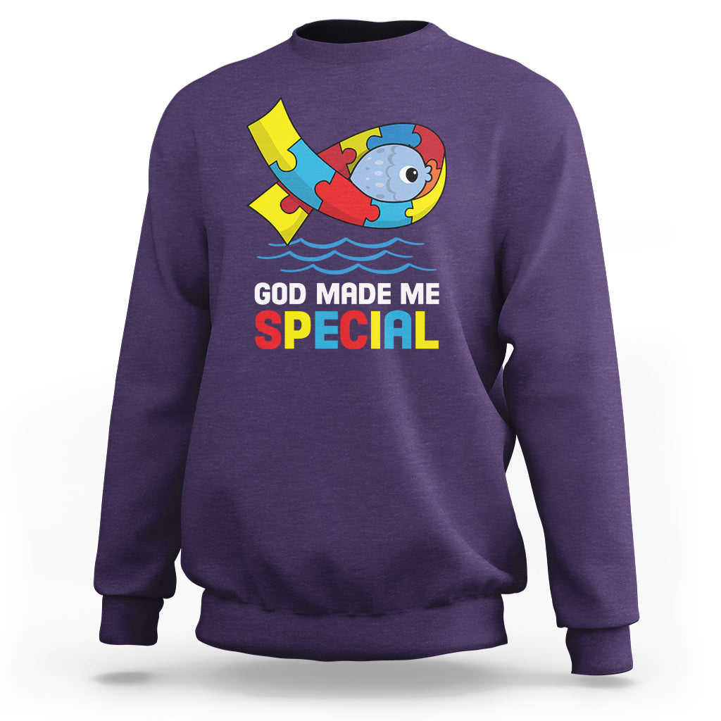 Autism Awareness Sweatshirt God Made Me Special Cute Fish Puzzle Ribbon - Wonder Print Shop