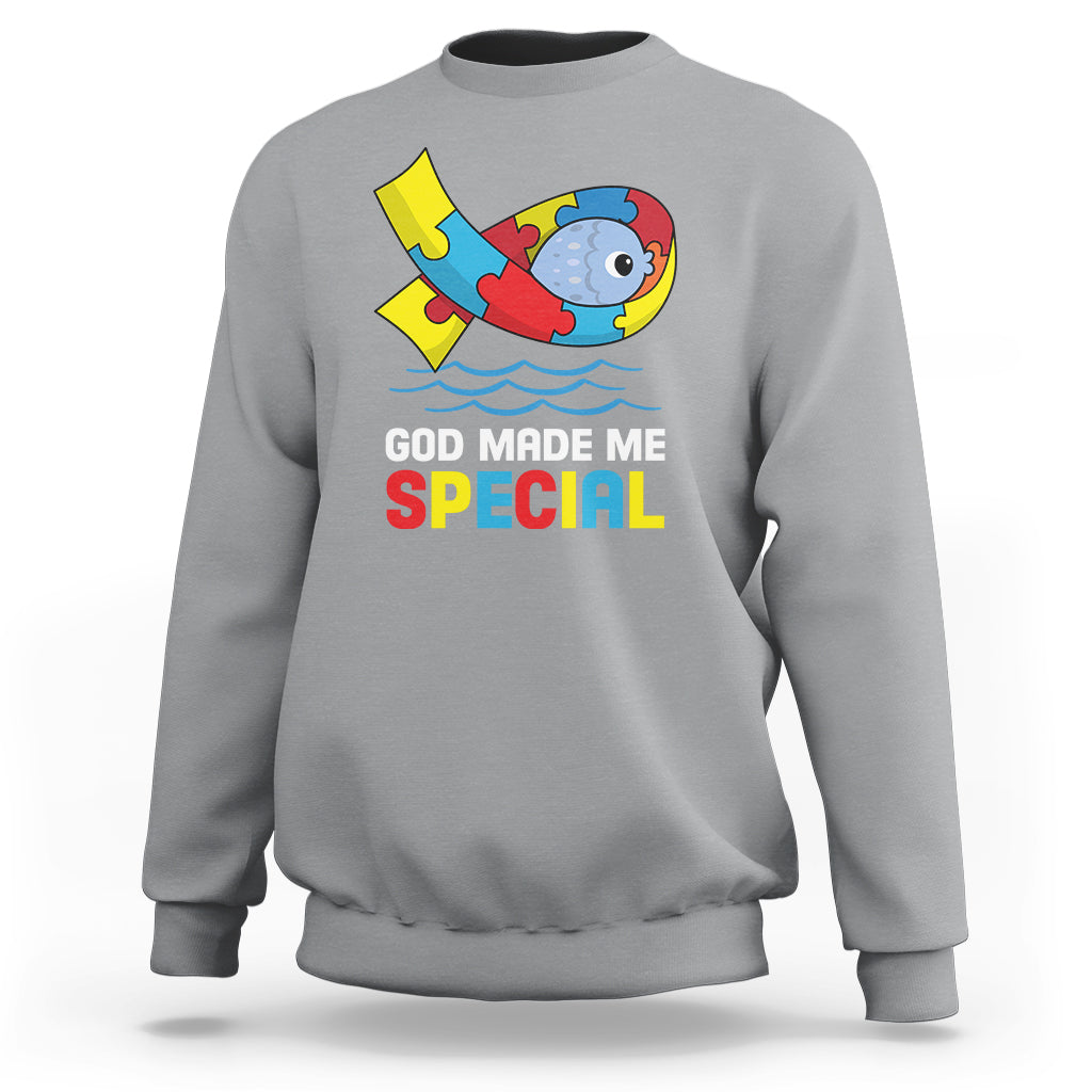 Autism Awareness Sweatshirt God Made Me Special Cute Fish Puzzle Ribbon - Wonder Print Shop