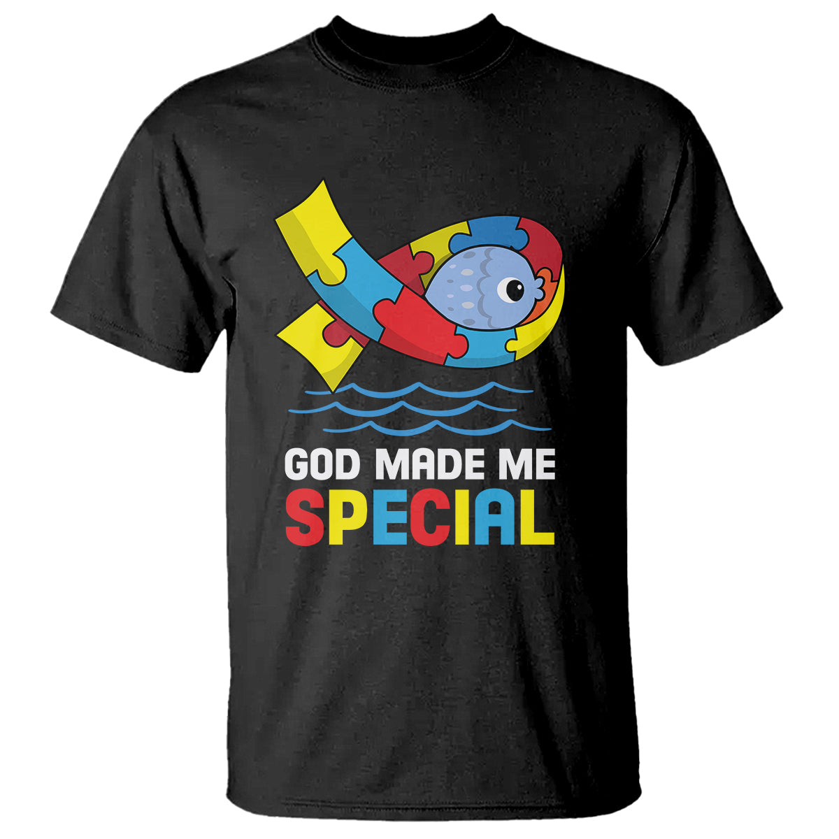 Autism Awareness T Shirt God Made Me Special Cute Fish Puzzle Ribbon - Wonder Print Shop
