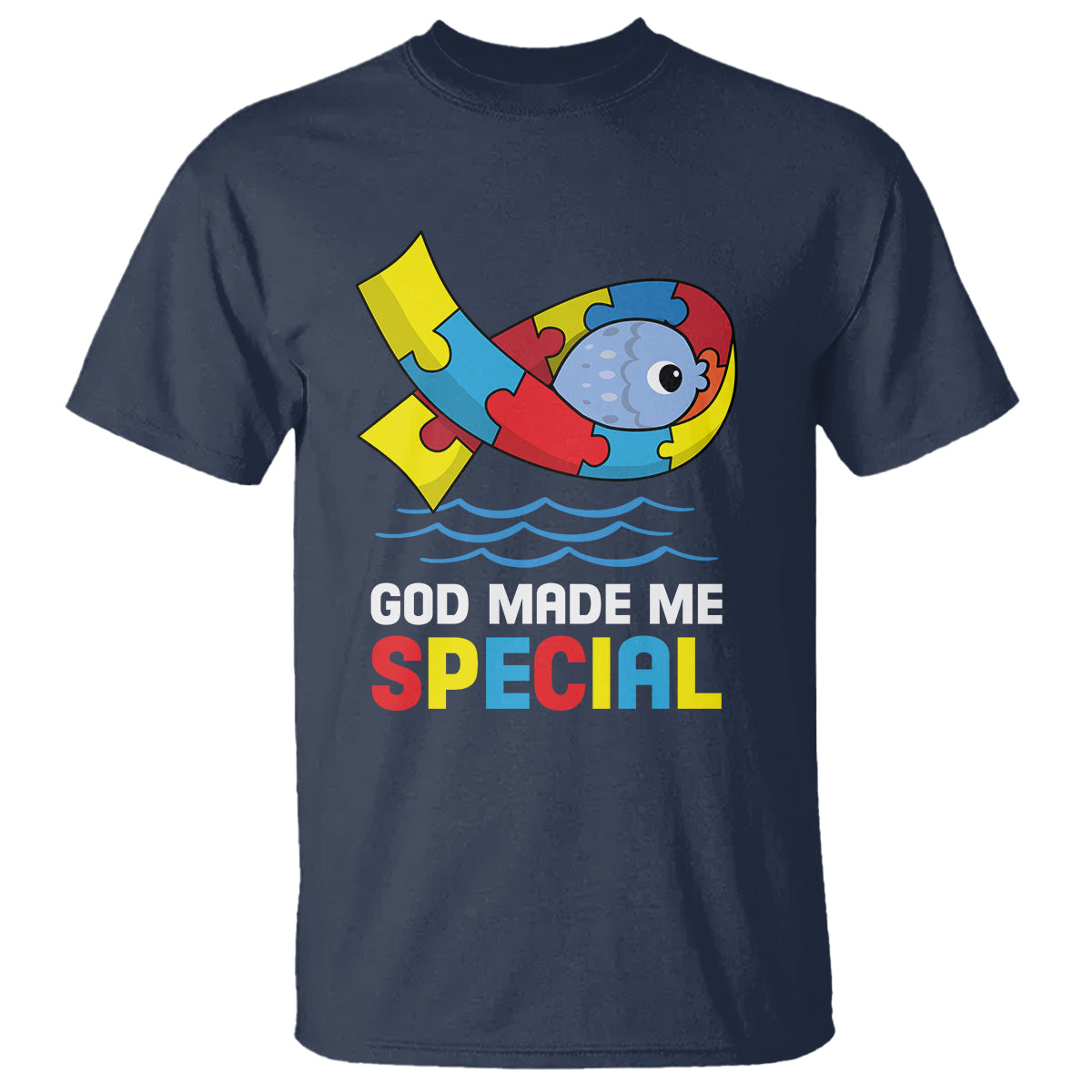 Autism Awareness T Shirt God Made Me Special Cute Fish Puzzle Ribbon - Wonder Print Shop