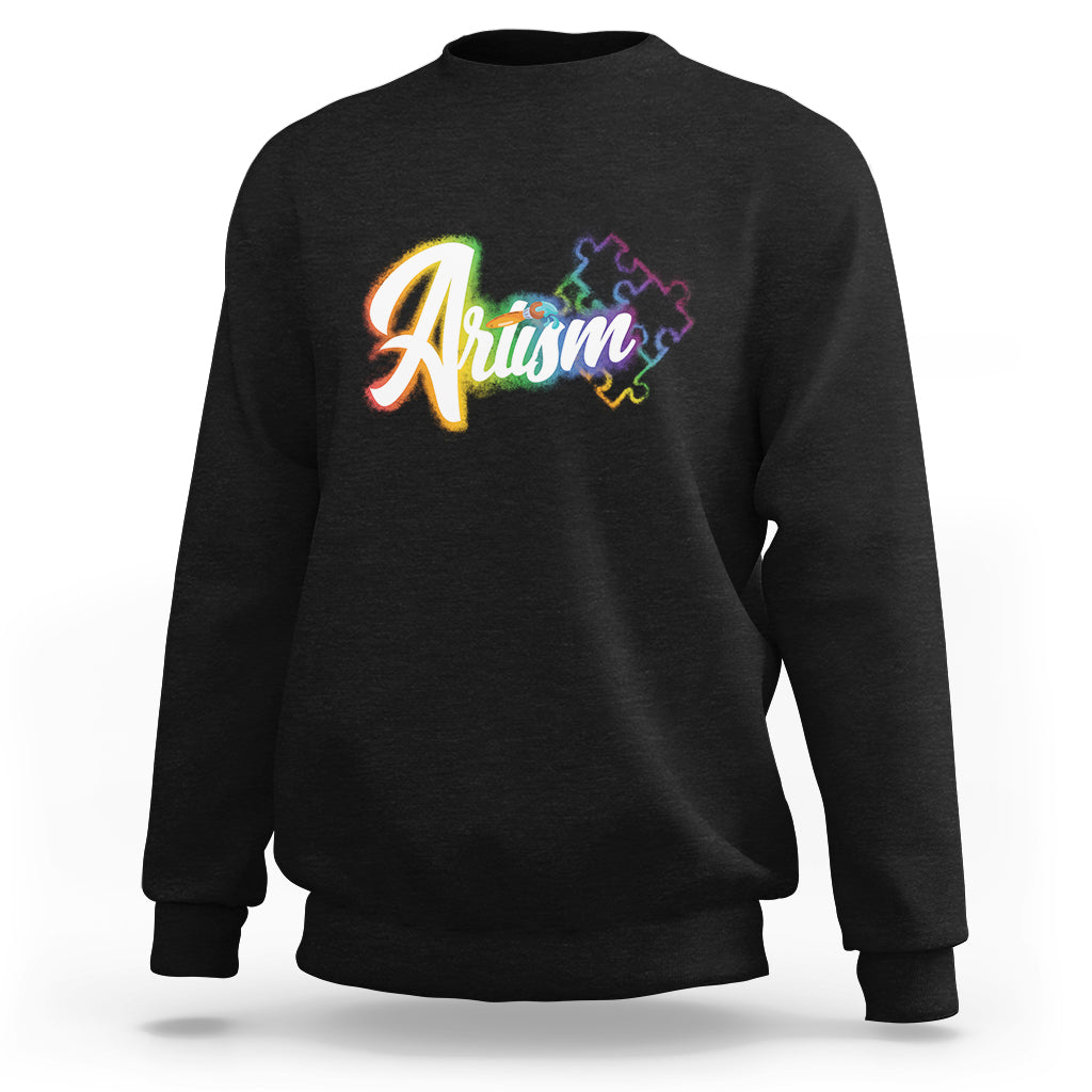 Autism Awareness Sweatshirt Artism Artist Autistic Rainbow Puzzle Aesthetic - Wonder Print Shop