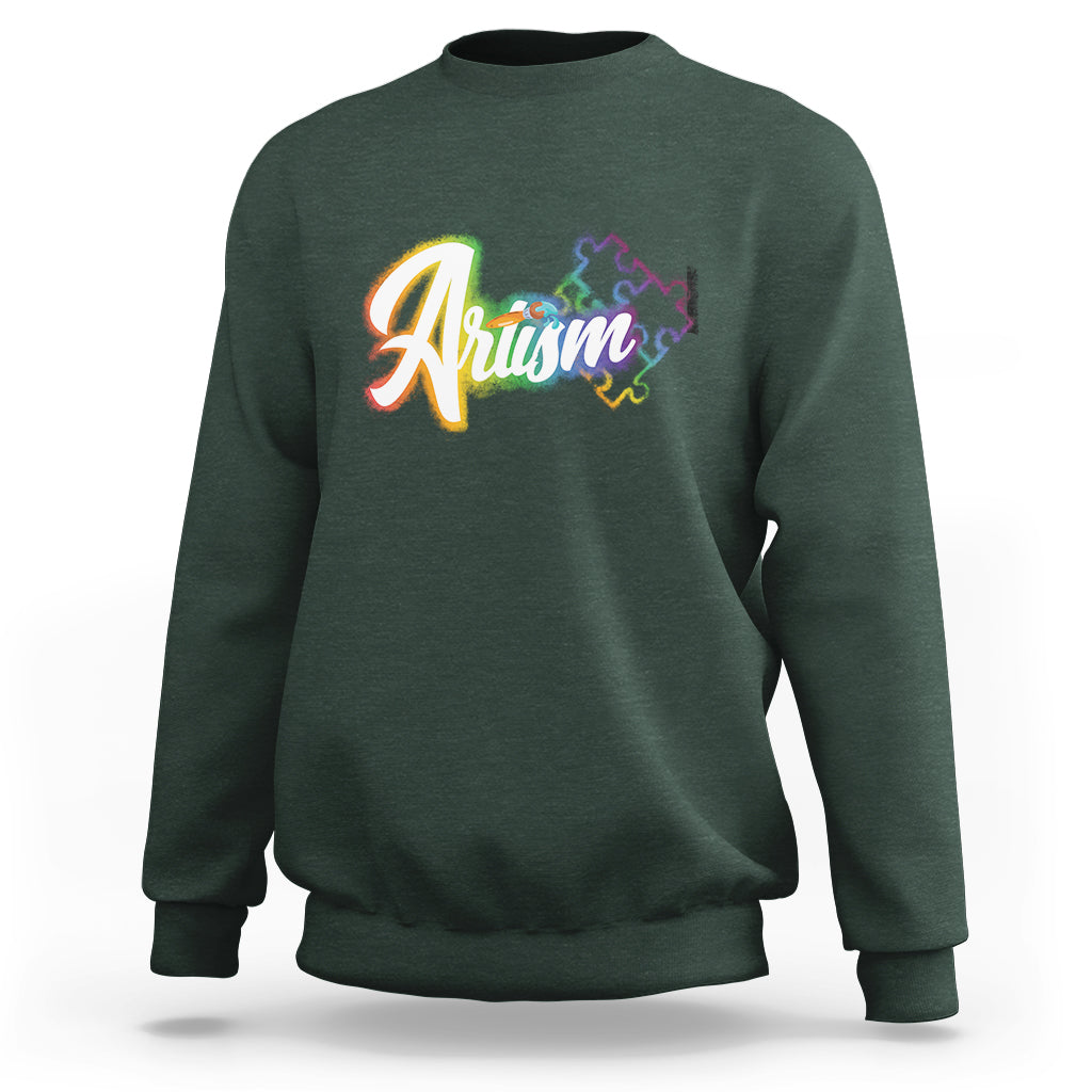 Autism Awareness Sweatshirt Artism Artist Autistic Rainbow Puzzle Aesthetic - Wonder Print Shop