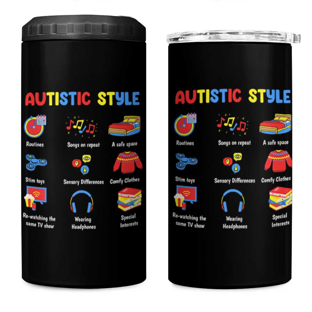Autism Awareness 4 in 1 Can Cooler Tumbler Autistic Style Routines Song On Repeat Stim Toys Sensory Differences
