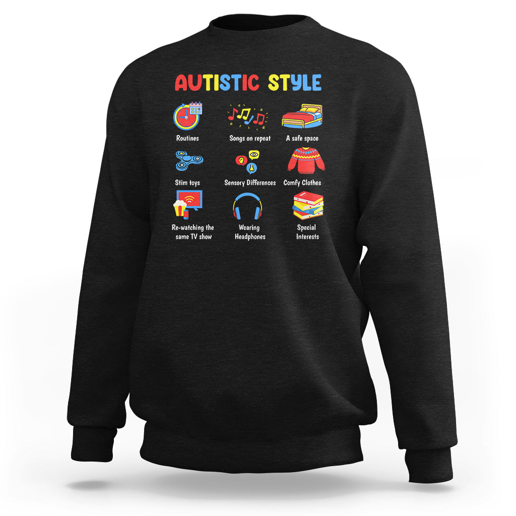 Autism Awareness Sweatshirt Autistic Style Routines Song On Repeat Stim Toys Sensory Differences - Wonder Print Shop