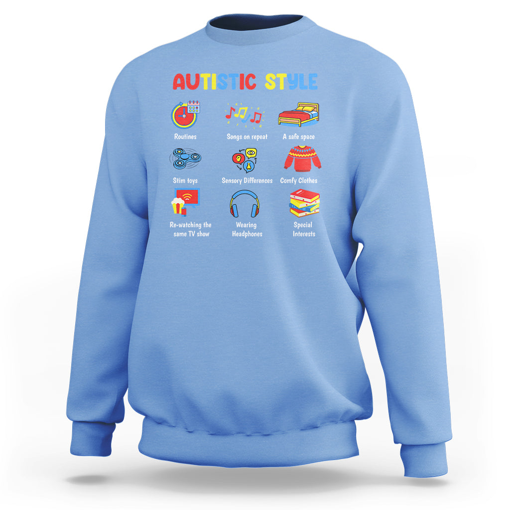 Autism Awareness Sweatshirt Autistic Style Routines Song On Repeat Stim Toys Sensory Differences - Wonder Print Shop
