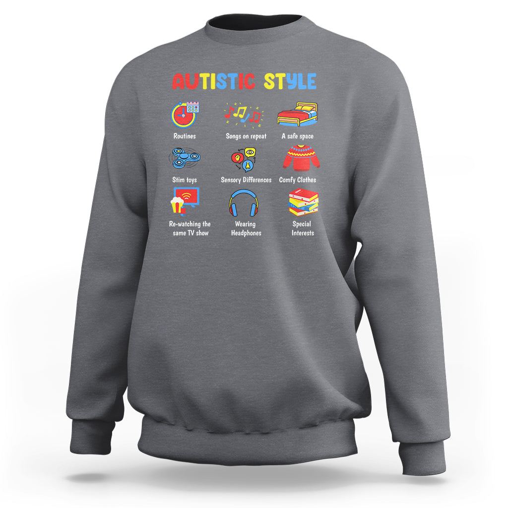 Autism Awareness Sweatshirt Autistic Style Routines Song On Repeat Stim Toys Sensory Differences - Wonder Print Shop