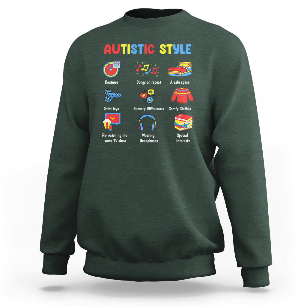 Autism Awareness Sweatshirt Autistic Style Routines Song On Repeat Stim Toys Sensory Differences - Wonder Print Shop