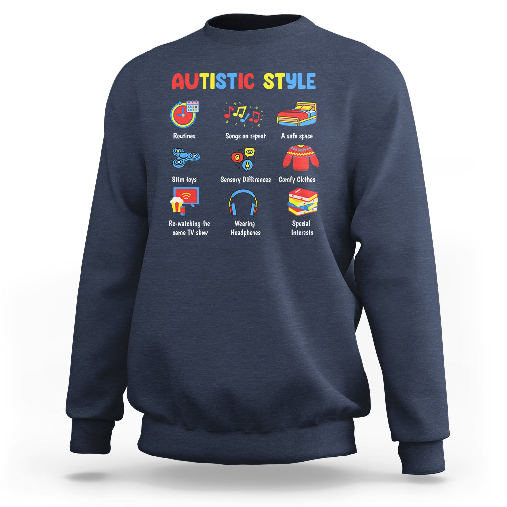 Autism Awareness Sweatshirt Autistic Style Routines Song On Repeat Stim Toys Sensory Differences - Wonder Print Shop