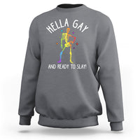 Funny LGBT Pride Sweatshirt Hella Gay And Ready To Slay Rainbow Skeleton - Wonder Print Shop