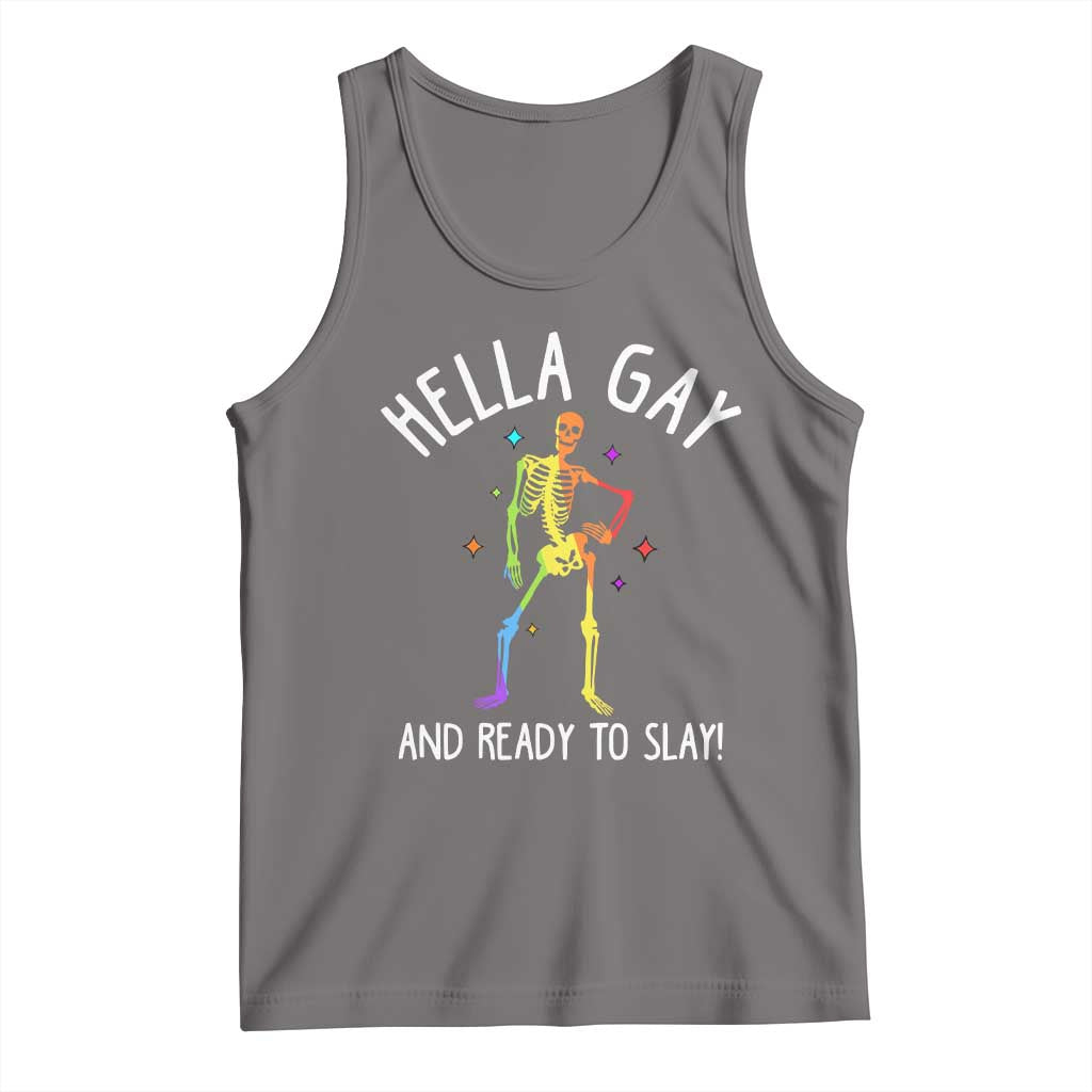 Funny LGBT Pride Tank Top Hella Gay And Ready To Slay Rainbow Skeleton