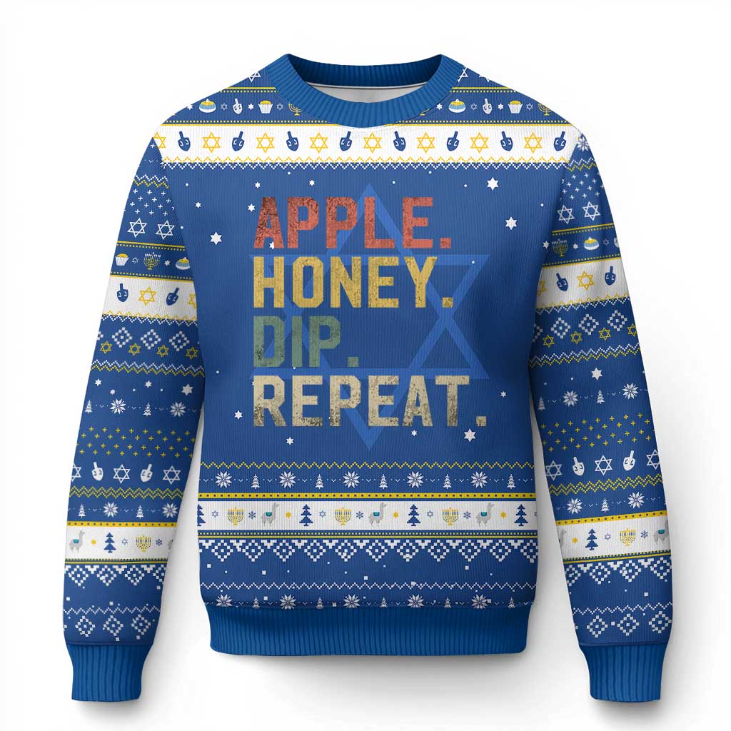 Rosh Hashanah Jewish Hanukkah Ugly Sweater Apple Honey Dip Repeat - Wonder Print Shop