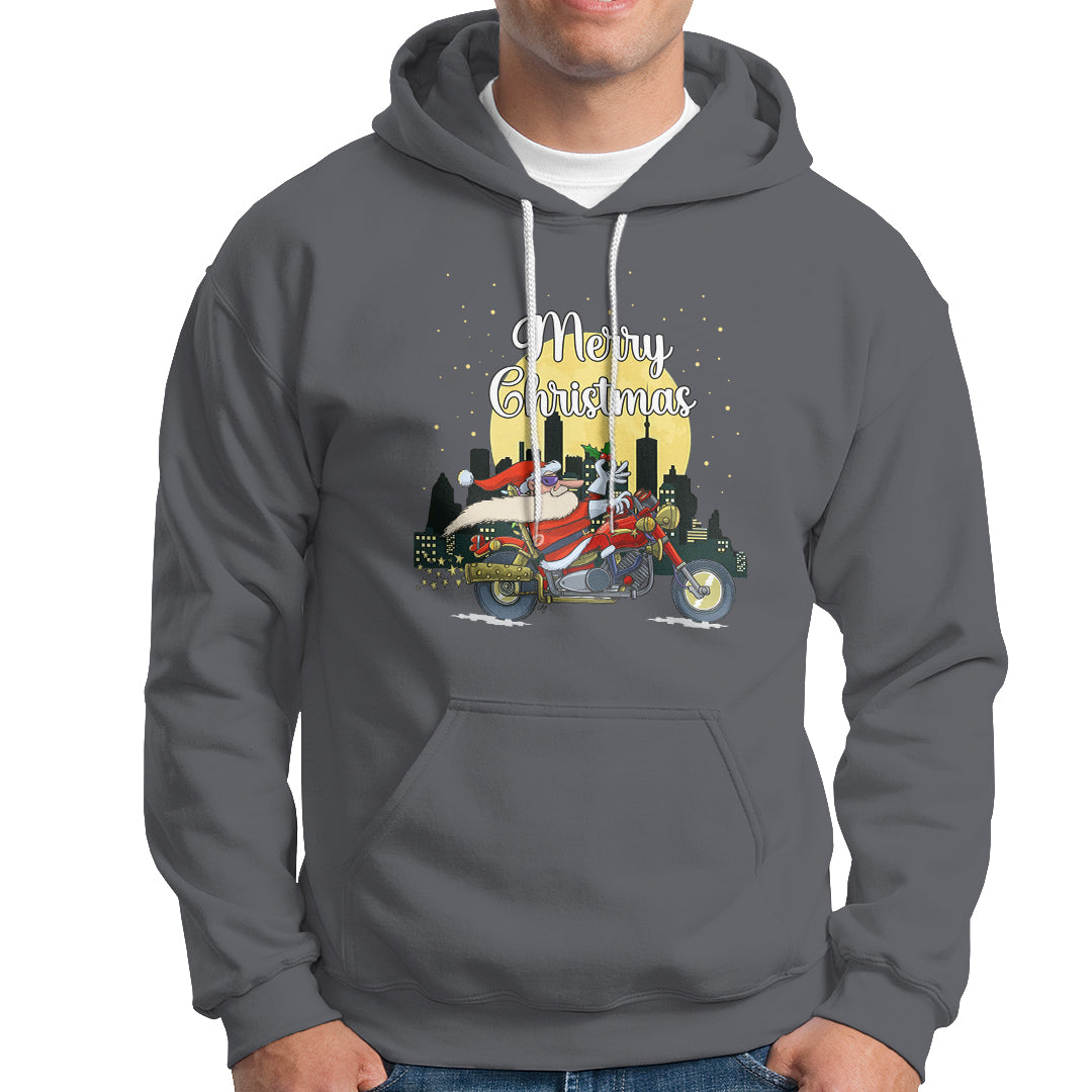 Christmas Hoodie Santa Riding Motorcycle Biker City At Night Holiday - Wonder Print Shop
