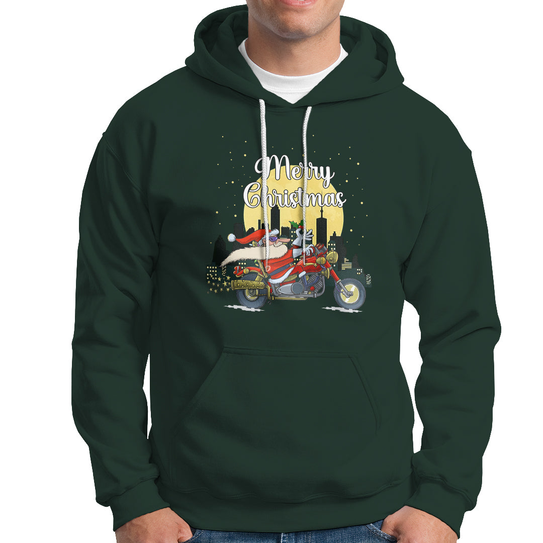 Christmas Hoodie Santa Riding Motorcycle Biker City At Night Holiday - Wonder Print Shop