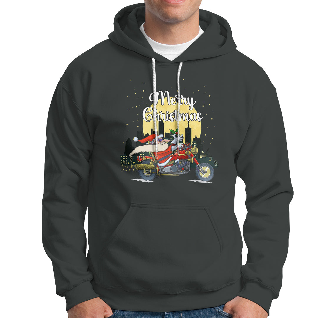 Christmas Hoodie Santa Riding Motorcycle Biker City At Night Holiday - Wonder Print Shop