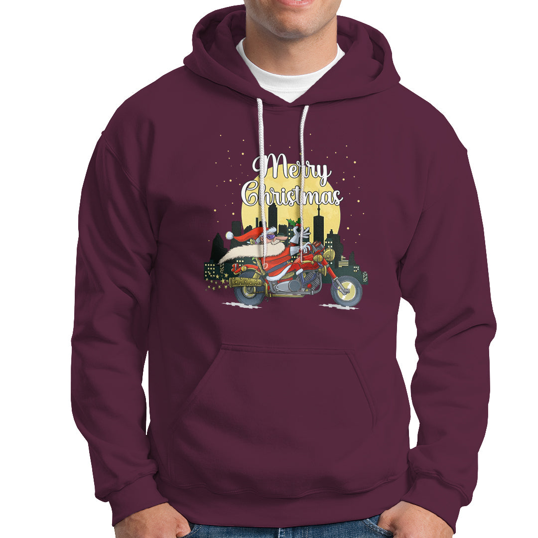 Christmas Hoodie Santa Riding Motorcycle Biker City At Night Holiday - Wonder Print Shop