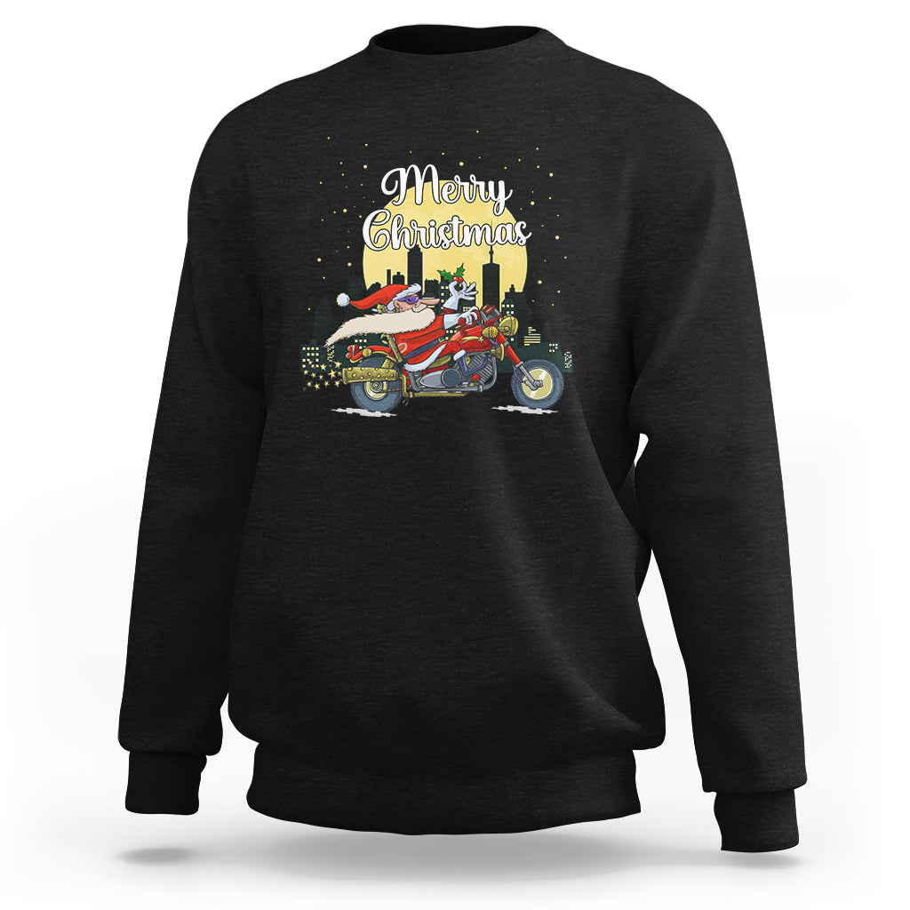 Christmas Sweatshirt Santa Riding Motorcycle Biker City At Night Holiday - Wonder Print Shop
