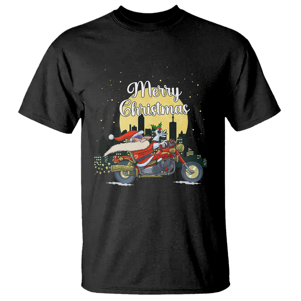 Christmas T Shirt Santa Riding Motorcycle Biker City At Night Holiday - Wonder Print Shop