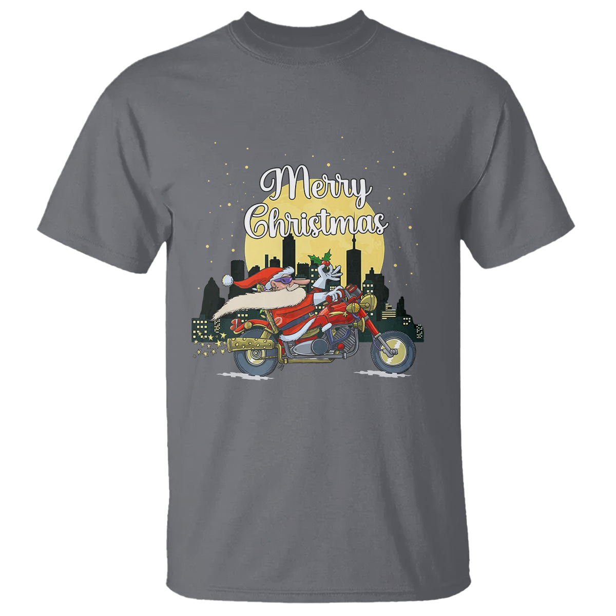 Christmas T Shirt Santa Riding Motorcycle Biker City At Night Holiday - Wonder Print Shop
