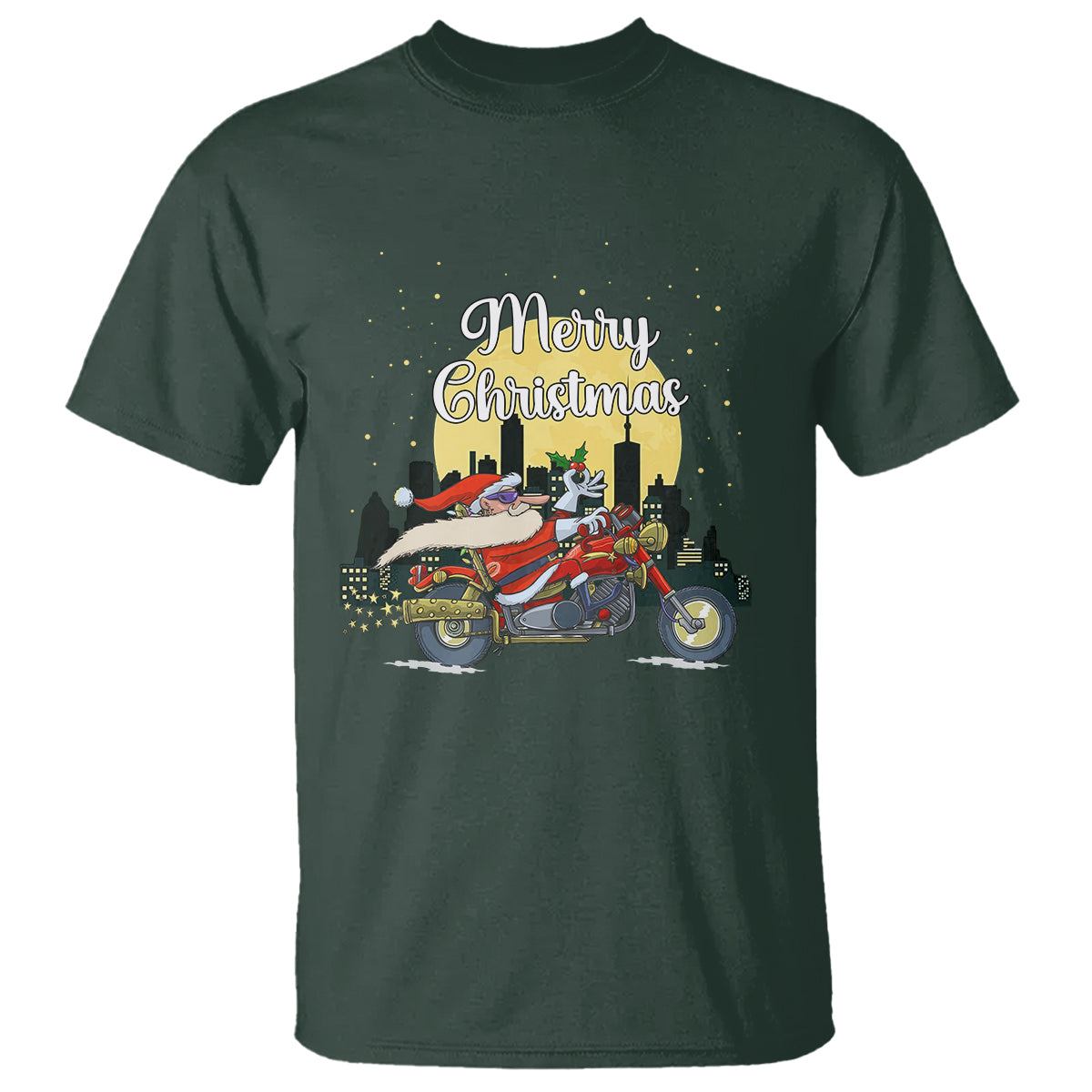 Christmas T Shirt Santa Riding Motorcycle Biker City At Night Holiday - Wonder Print Shop