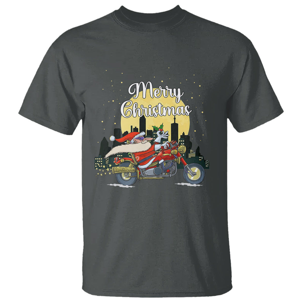 Christmas T Shirt Santa Riding Motorcycle Biker City At Night Holiday - Wonder Print Shop