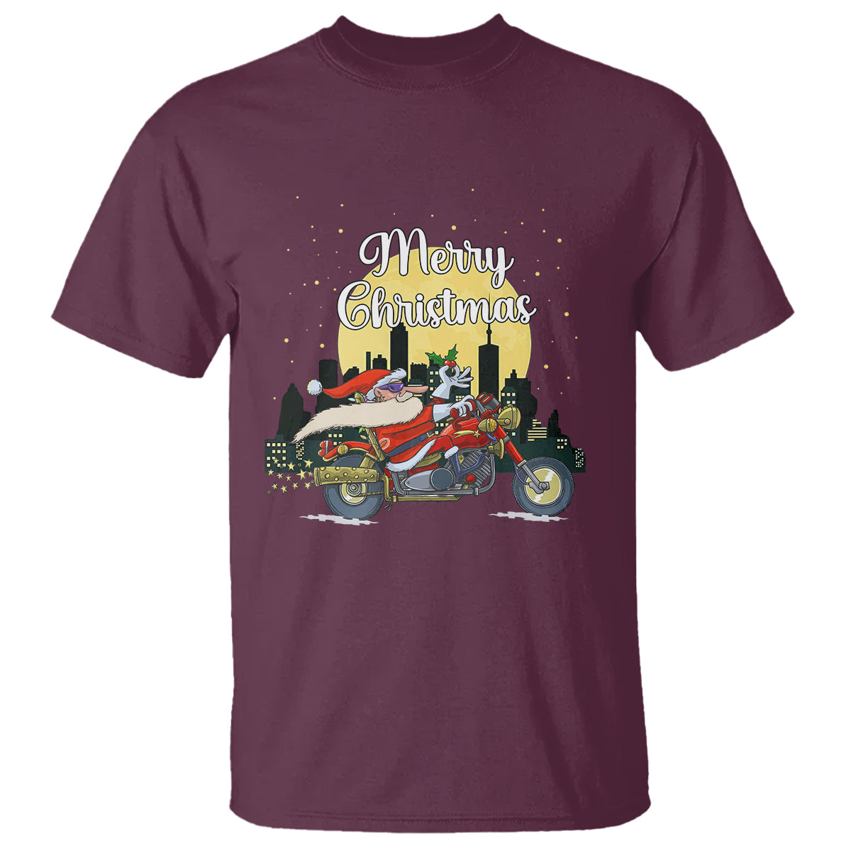 Christmas T Shirt Santa Riding Motorcycle Biker City At Night Holiday - Wonder Print Shop