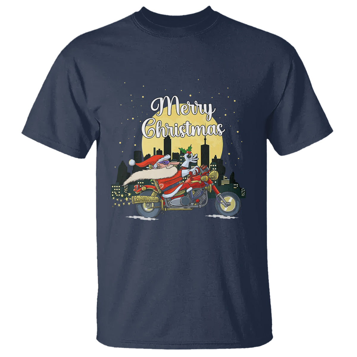 Christmas T Shirt Santa Riding Motorcycle Biker City At Night Holiday - Wonder Print Shop