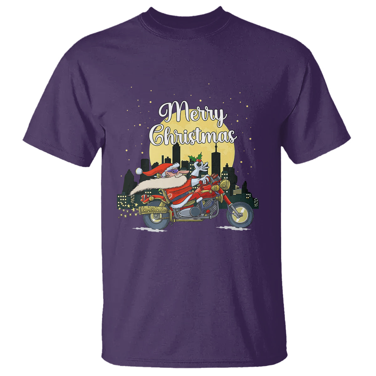 Christmas T Shirt Santa Riding Motorcycle Biker City At Night Holiday - Wonder Print Shop
