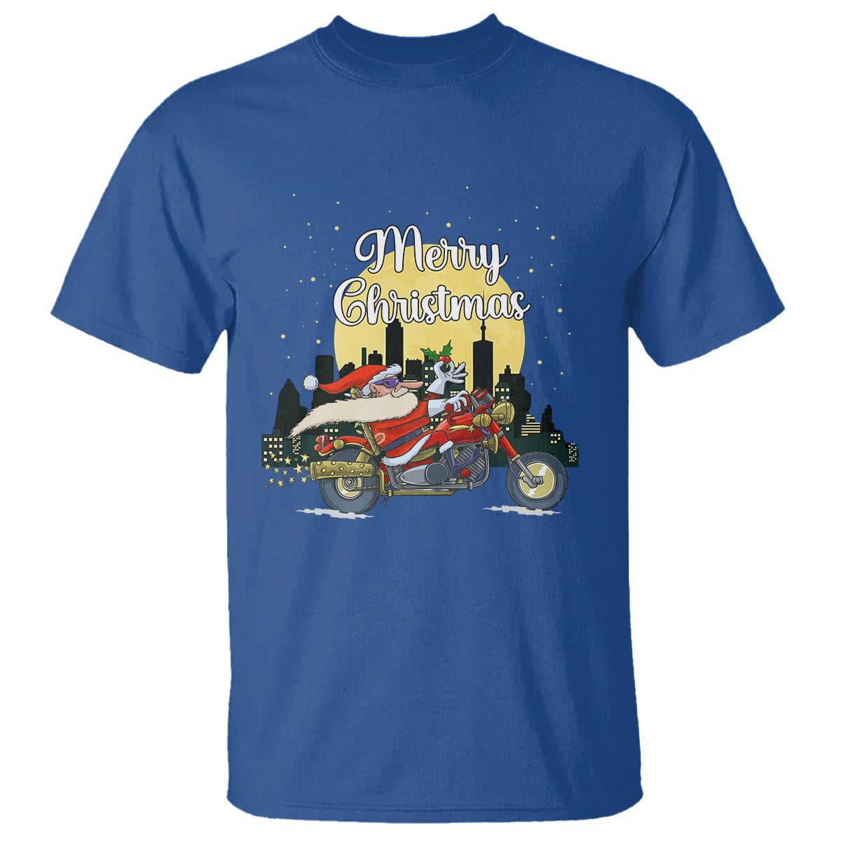 Christmas T Shirt Santa Riding Motorcycle Biker City At Night Holiday - Wonder Print Shop