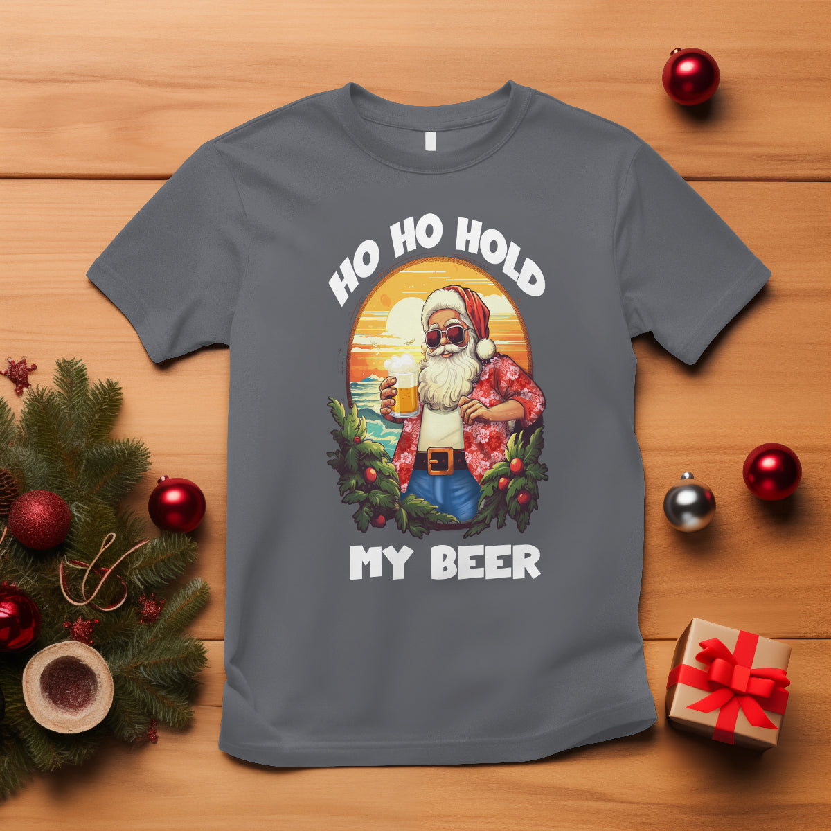 Christmas In Hawaii T Shirt Ho Ho Hold My Beer Cool Santa Sunglass - Wonder Print Shop