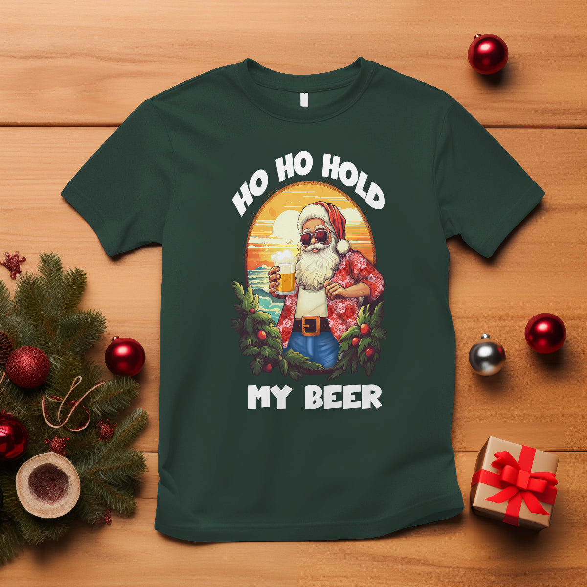 Christmas In Hawaii T Shirt Ho Ho Hold My Beer Cool Santa Sunglass - Wonder Print Shop
