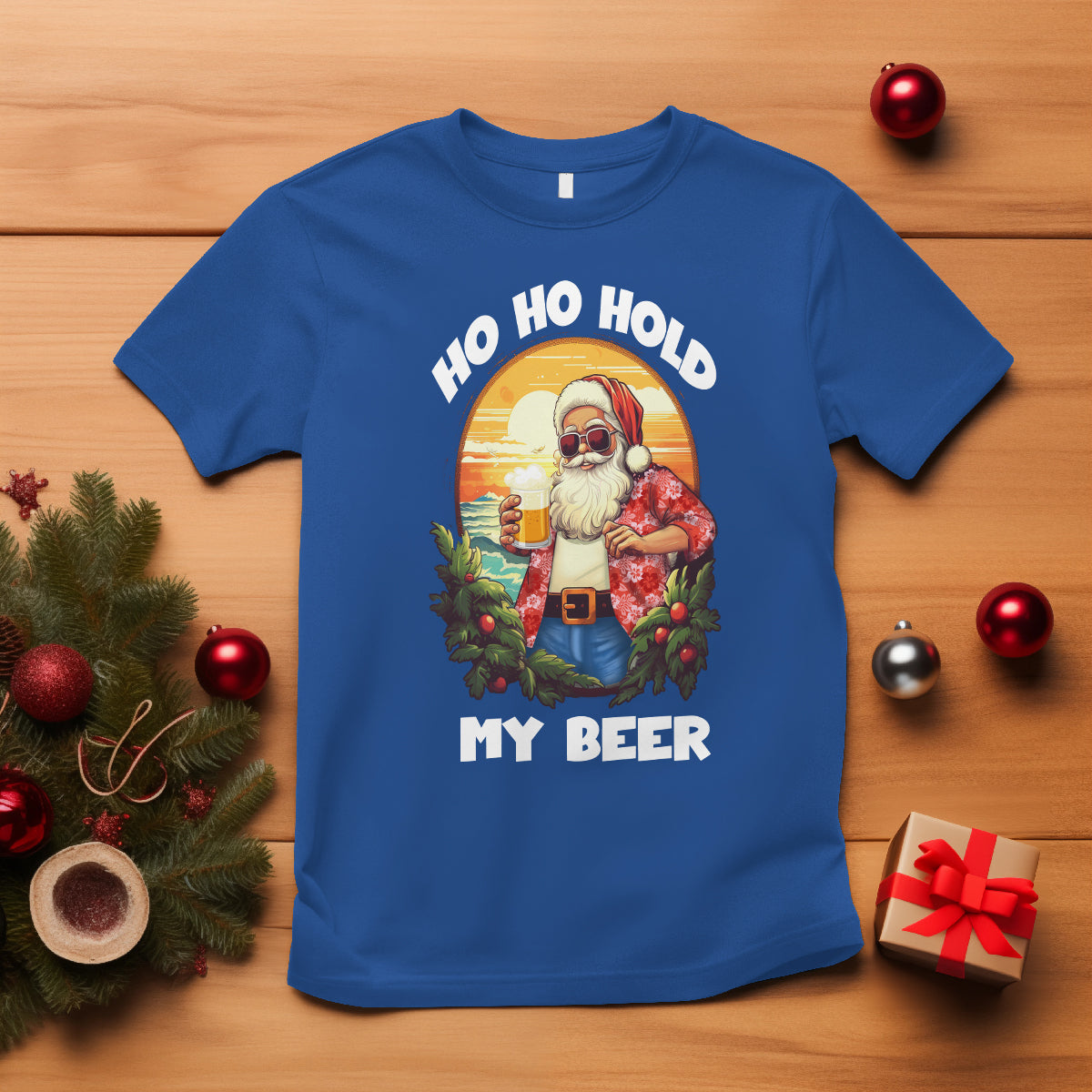 Christmas In Hawaii T Shirt Ho Ho Hold My Beer Cool Santa Sunglass - Wonder Print Shop