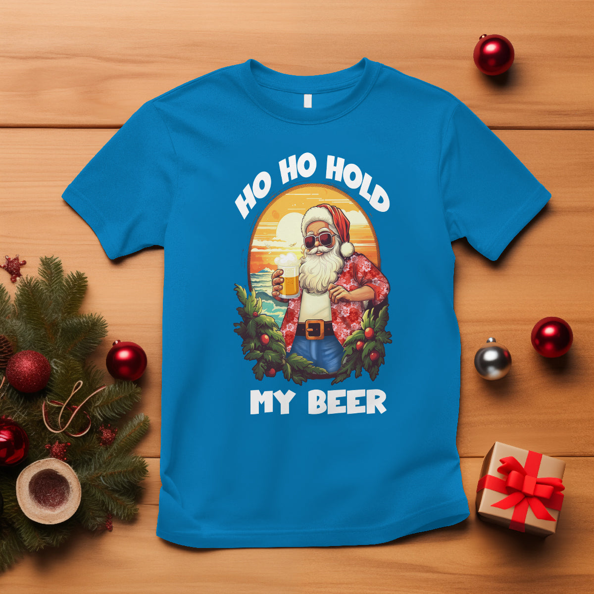 Christmas In Hawaii T Shirt Ho Ho Hold My Beer Cool Santa Sunglass - Wonder Print Shop