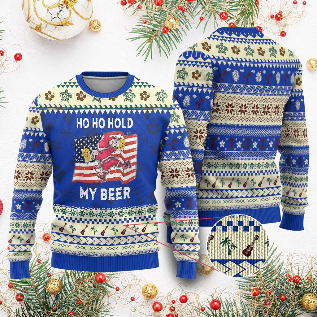 Xmas In Hawaii Ugly Christmas Sweater Ho Ho Hold My Beer Drunk Santa USA Flag - Wonder Print Shop