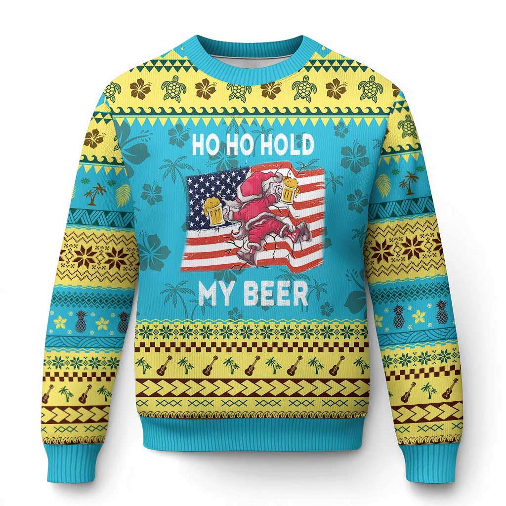 Xmas In Hawaii Ugly Christmas Sweater Ho Ho Hold My Beer Drunk Santa USA Flag - Wonder Print Shop