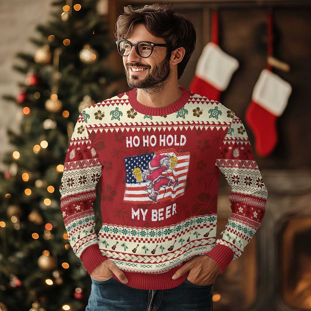 Xmas In Hawaii Ugly Christmas Sweater Ho Ho Hold My Beer Drunk Santa USA Flag - Wonder Print Shop