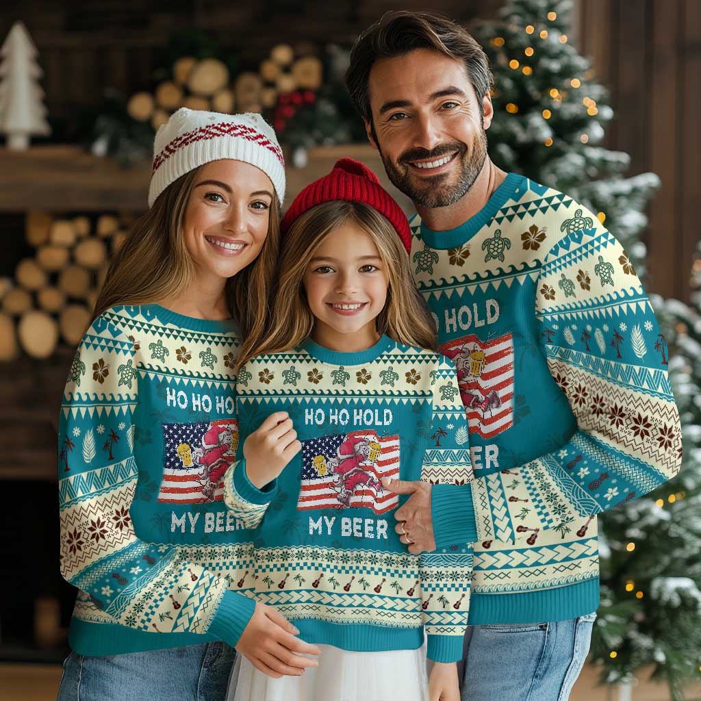 Xmas In Hawaii Ugly Christmas Sweater Ho Ho Hold My Beer Drunk Santa USA Flag - Wonder Print Shop