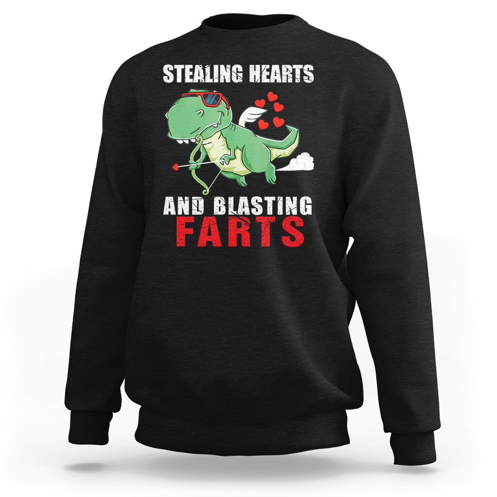 Valentine's Day Sweatshirt Cute Dinosaur Cupid Stealing Hearts And Blasting Farts - Wonder Print Shop