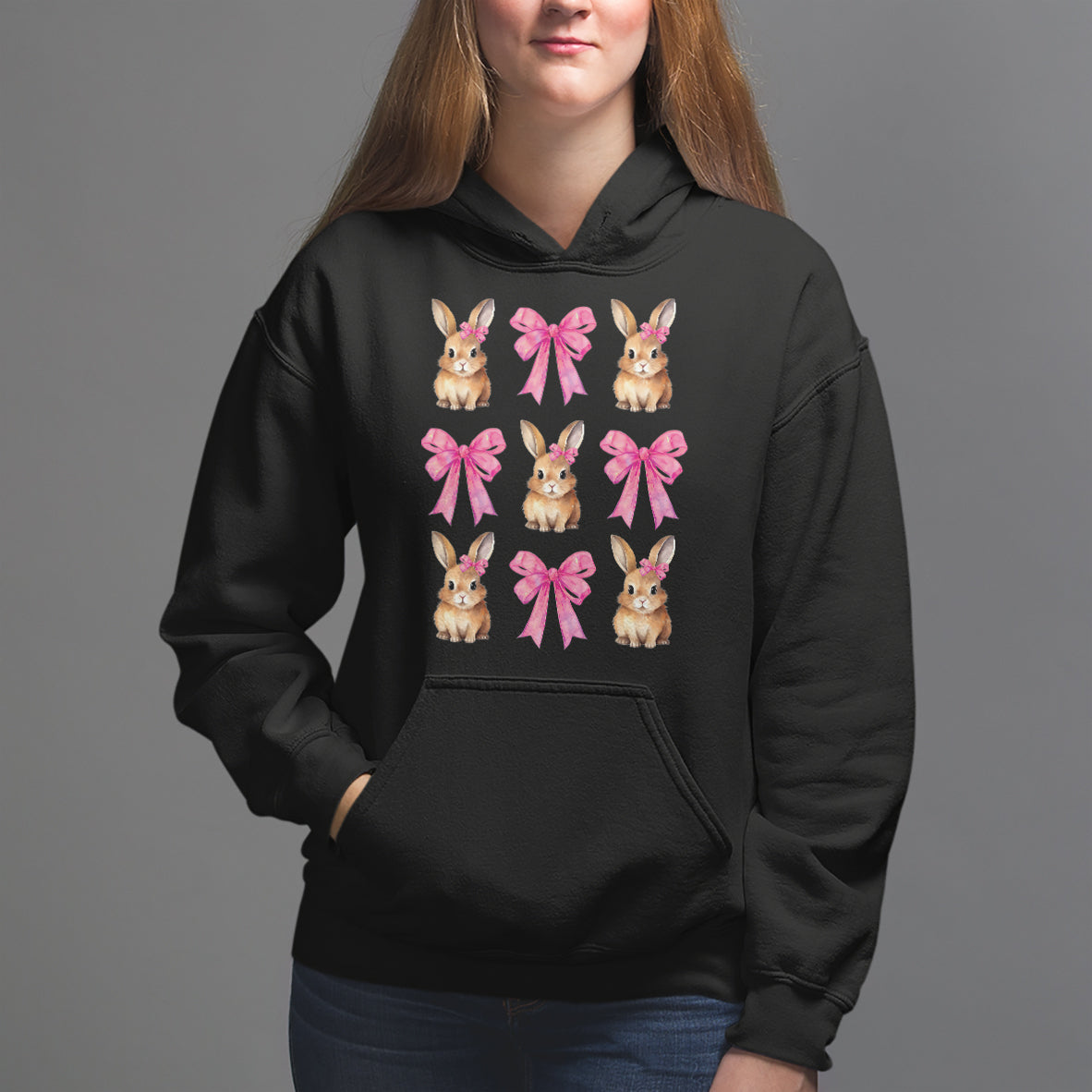 Easter Day Hoodie Pink Coquette Bow Cute Bunny Girls Women - Wonder Print Shop