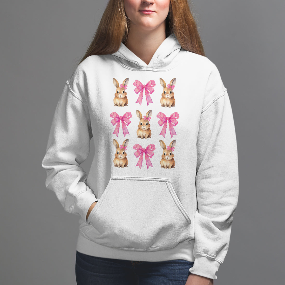 Easter Day Hoodie Pink Coquette Bow Cute Bunny Girls Women - Wonder Print Shop