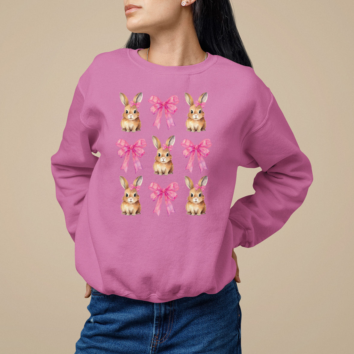 Easter Day Sweatshirt Pink Coquette Bow Cute Bunny Girls Women - Wonder Print Shop