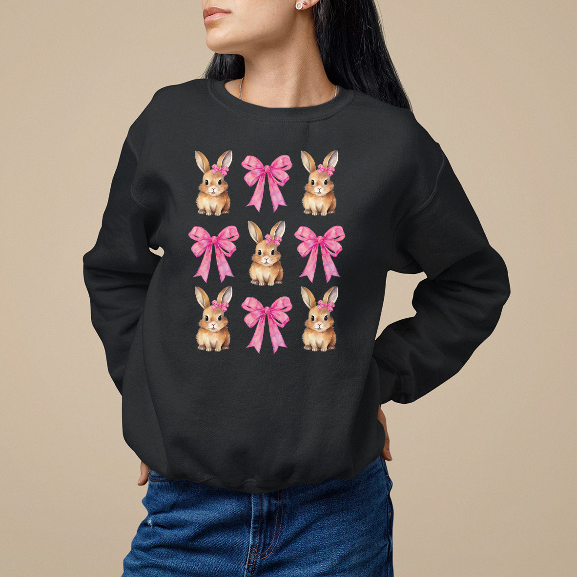 Easter Day Sweatshirt Pink Coquette Bow Cute Bunny Girls Women - Wonder Print Shop