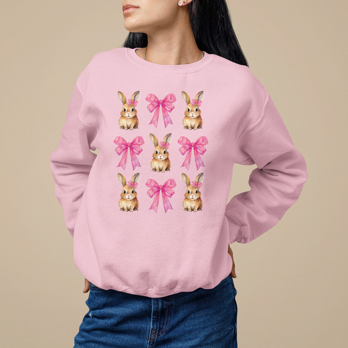 Easter Day Sweatshirt Pink Coquette Bow Cute Bunny Girls Women - Wonder Print Shop