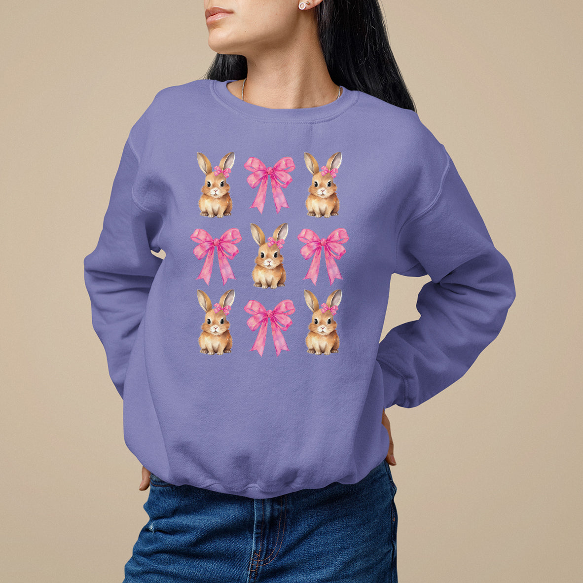 Easter Day Sweatshirt Pink Coquette Bow Cute Bunny Girls Women - Wonder Print Shop