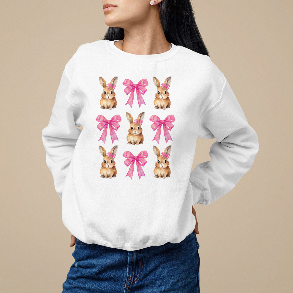 Easter Day Sweatshirt Pink Coquette Bow Cute Bunny Girls Women - Wonder Print Shop