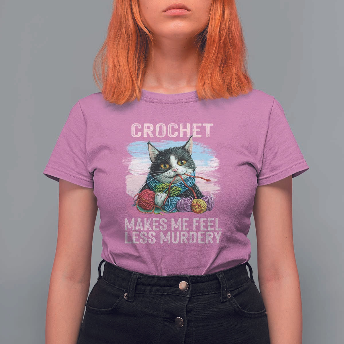 Funny Crochet Cat T Shirt For Women Crochet Makes Me Feel Less Murdery