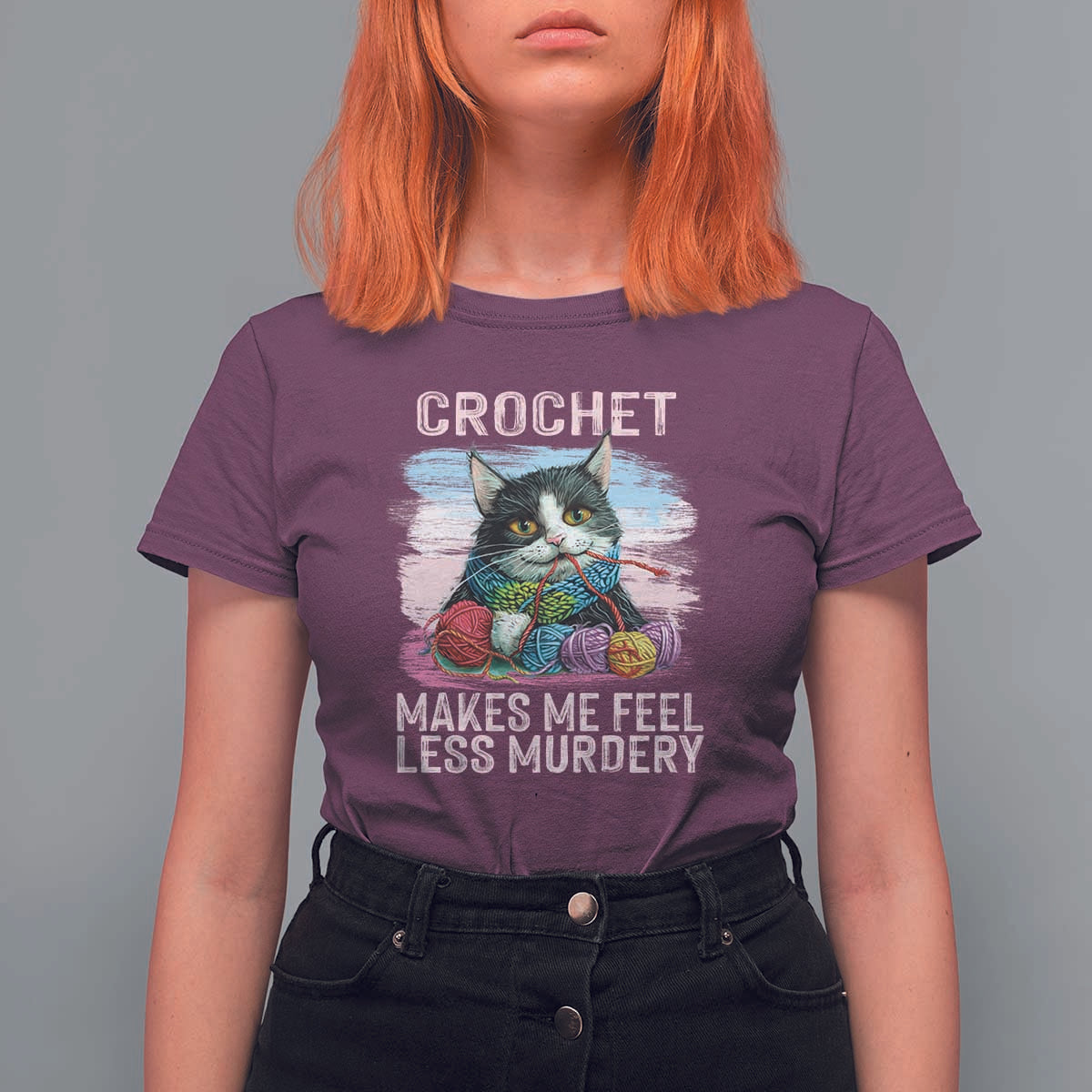 Funny Crochet Cat T Shirt For Women Crochet Makes Me Feel Less Murdery