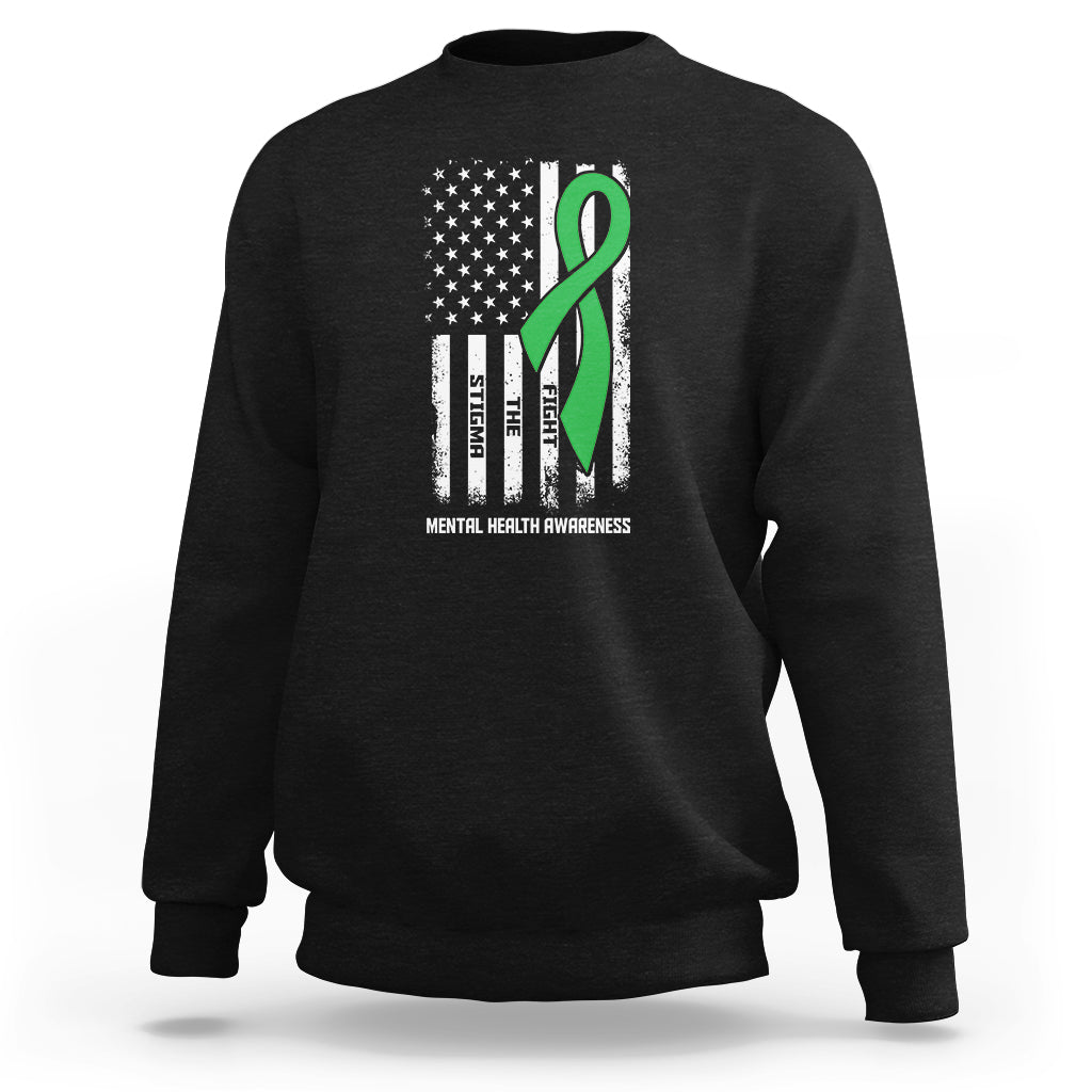 Mental Health Awareness Sweatshirt Fight The Stigma America Flag Green Ribbon - Wonder Print Shop